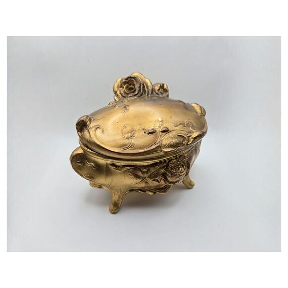 Beautiful Early 1900's Art Nouveau Ornate Gold Sculpted Rose Footed Jewelry Cask - Picture 5 of 9